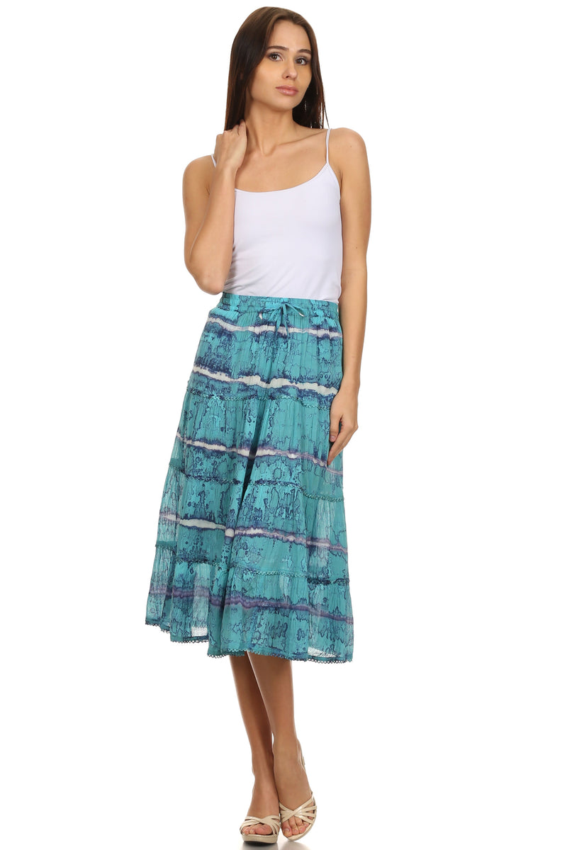 Sakkas Faith  Lace Trim Tie Dye Adjustable Waist Mid Length Cotton Skirt