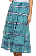 Sakkas Faith  Lace Trim Tie Dye Adjustable Waist Mid Length Cotton Skirt#color_Turquoise