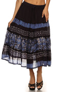 Sakkas Layla Adjustable Waist Batik Tiered Mid-length Skirt#color_Blue
