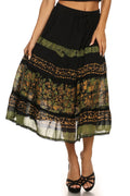 Sakkas Layla Adjustable Waist Batik Tiered Mid-length Skirt#color_ Green