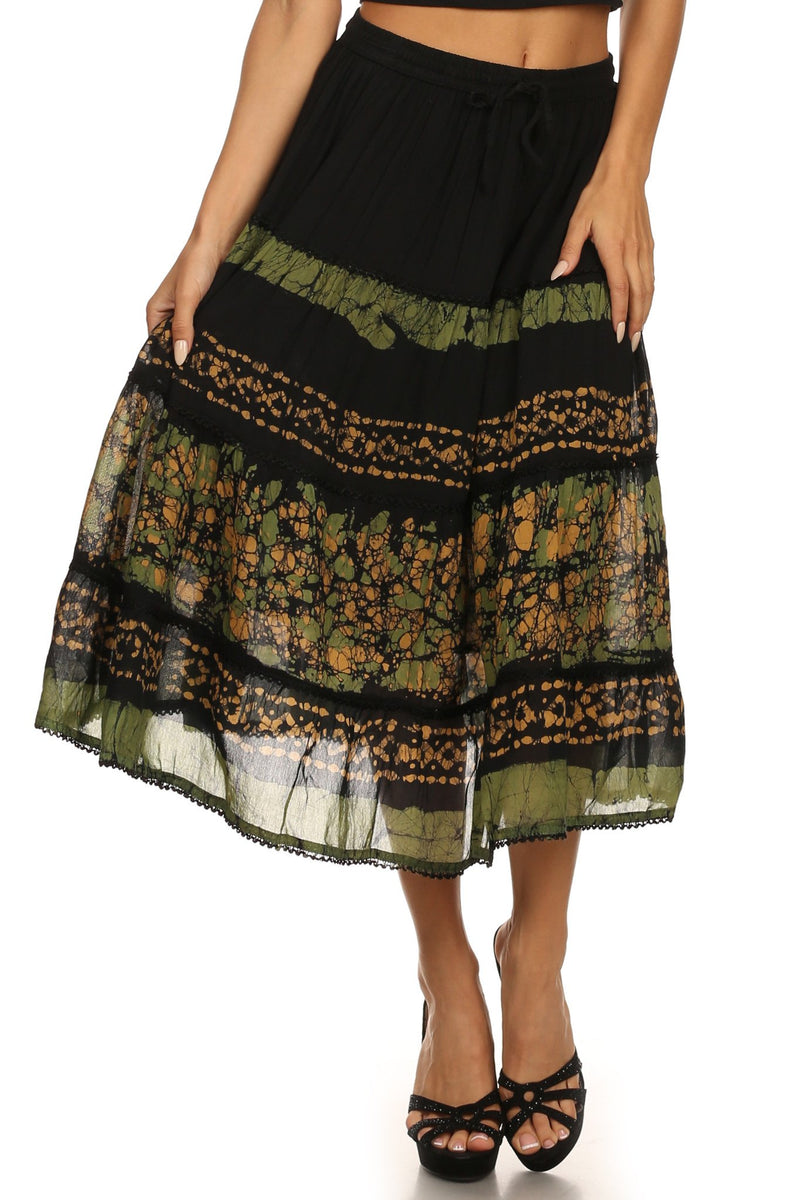 Sakkas Layla Adjustable Waist Batik Tiered Mid-length Skirt