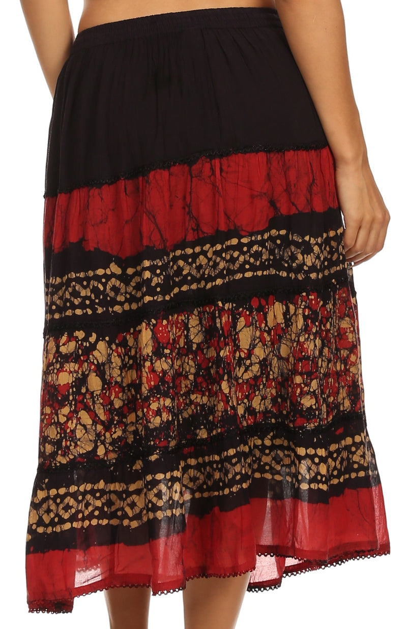 Sakkas Layla Adjustable Waist Batik Tiered Mid-length Skirt