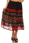 Sakkas Layla Adjustable Waist Batik Tiered Mid-length Skirt#color_Red