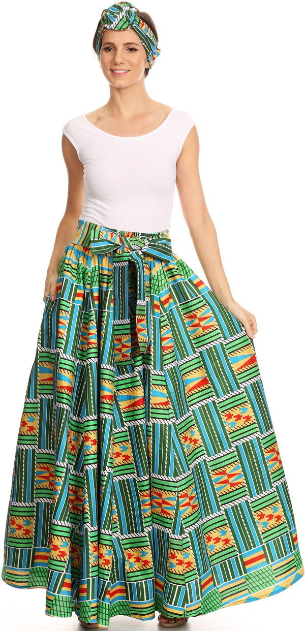 Sakkas Asma Convertible Traditional Wax Print Adjustable Strap Maxi Skirt | Dress#color_1113-Green