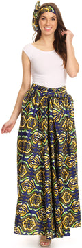 Sakkas Asma Convertible Traditional Wax Print Adjustable Strap Maxi Skirt | Dress#color_1136-BlueYellow