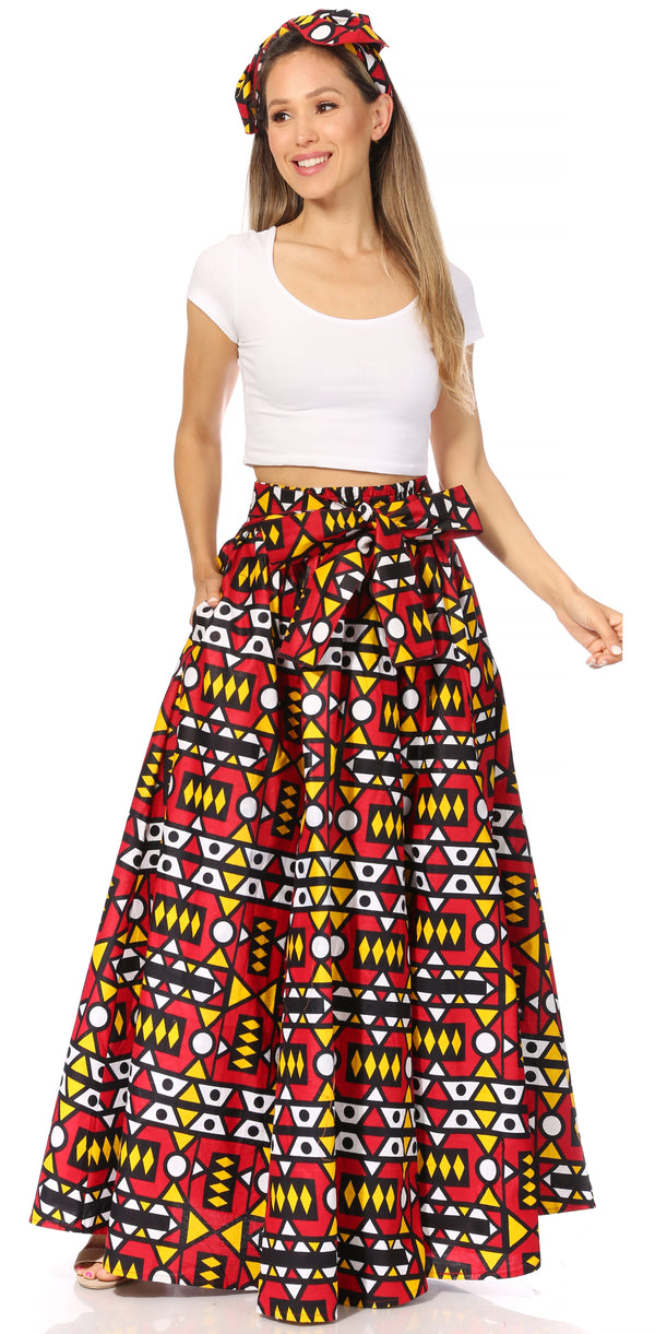 Sakkas Asma Second Convertible Traditional Wax Print Adjustable Strap Maxi Skirt#color_204-Red