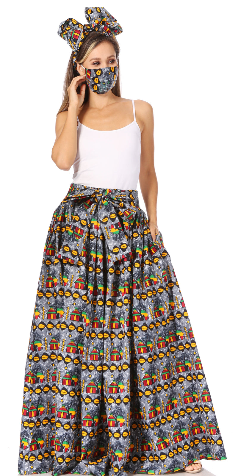 Sakkas Asma Second Convertible Traditional Wax Print Adjustable Strap Maxi Skirt