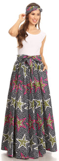 Sakkas Asma Convertible Traditional Wax Print Adjustable Strap Maxi Skirt | Dress#color_415-Black/Multi/Stars