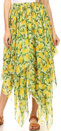 Sakkas Aina Cascading Handkerchief Dance Maxi Skirt with Adjustable Elastic Waist#color_Green/yellow lemon 