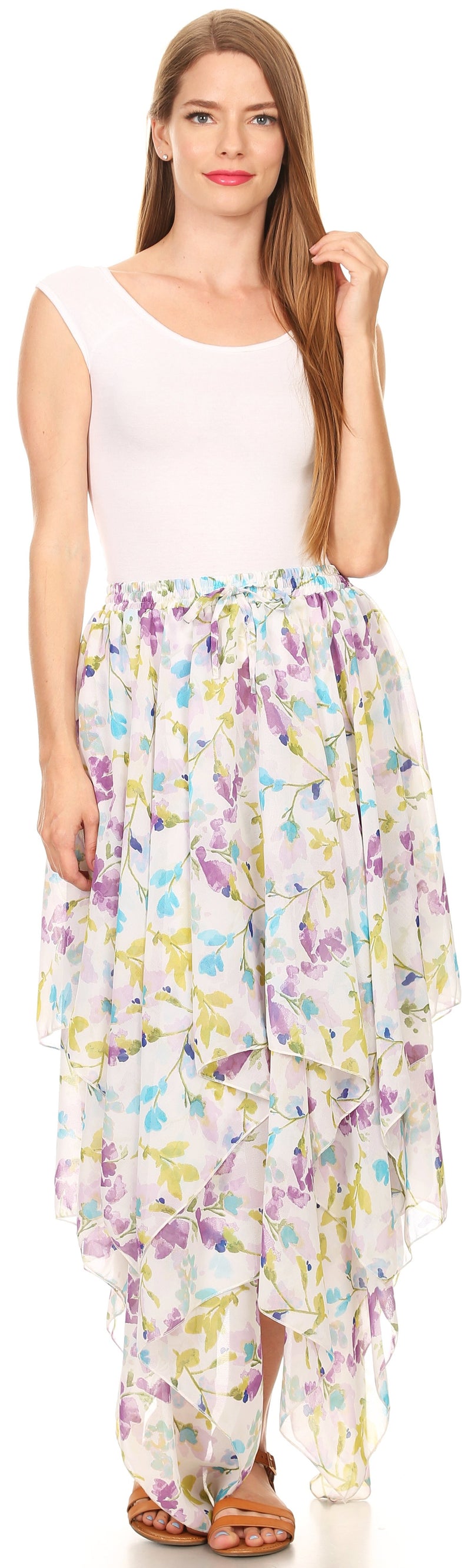 Sakkas Aina Cascading Handkerchief Dance Maxi Skirt with Adjustable Elastic Waist