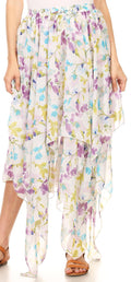 Sakkas Aina Cascading Handkerchief Dance Maxi Skirt with Adjustable Elastic Waist#color_white-floral 
