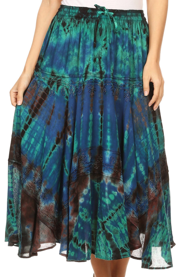 Sakkas Justina Womens Dance Midi Full Circle Tie-dye Skirt with Elastic Waist #color_Blue