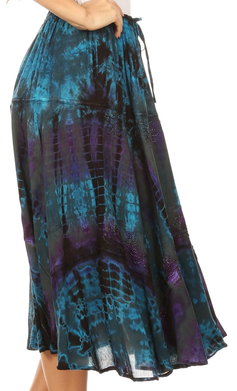 Sakkas Justina Womens Dance Midi Full Circle Tie-dye Skirt with Elastic Waist