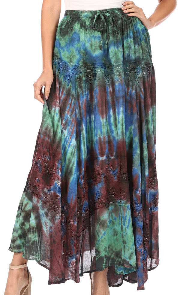 Sakkas Ester Womens Simple  Boho Maxi Full circle Tie-dye Skirt with Elastic Waist#color_Blue