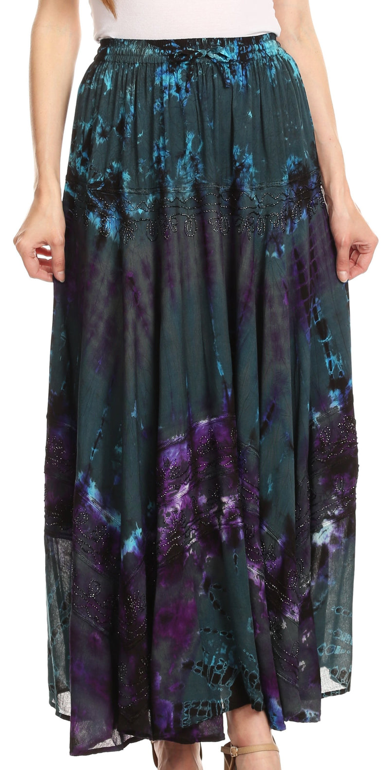 Sakkas Ester Womens Simple  Boho Maxi Full circle Tie-dye Skirt with Elastic Waist