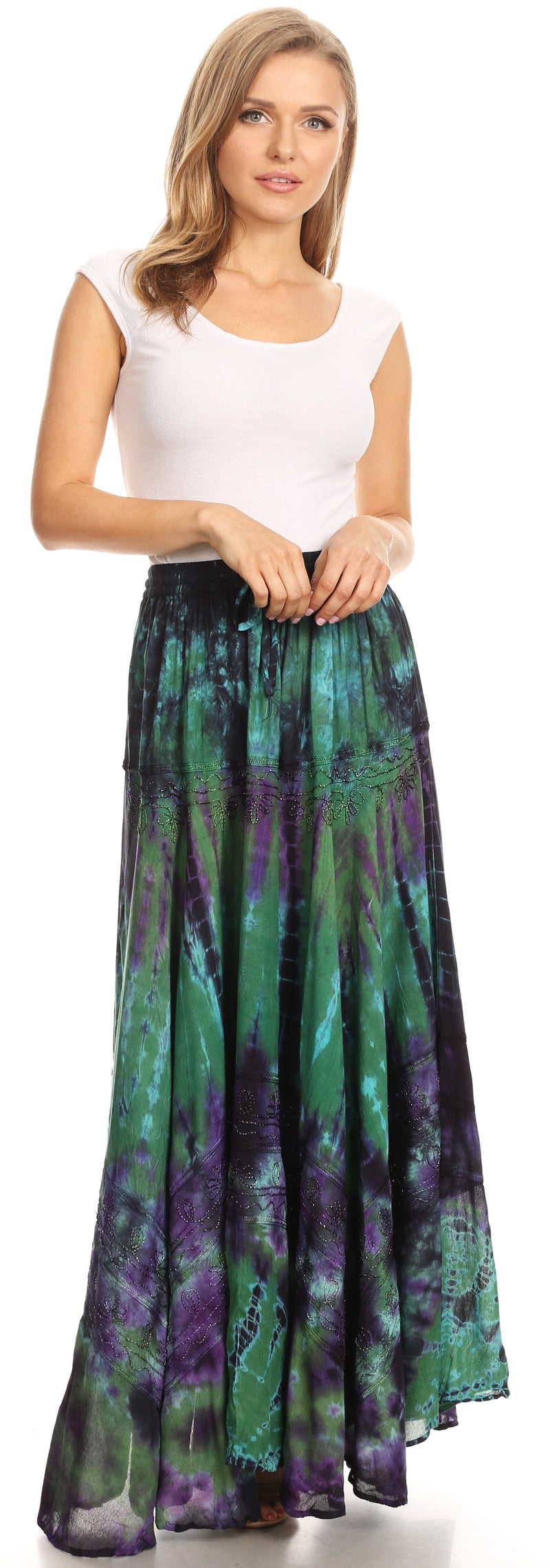 Sakkas Ester Womens Simple  Boho Maxi Full circle Tie-dye Skirt with Elastic Waist