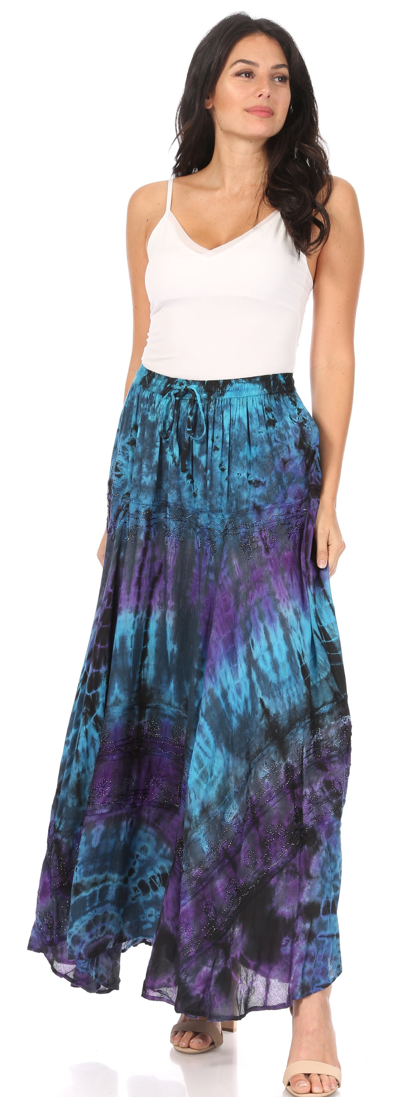 Sakkas Ester Womens Simple  Boho Maxi Full circle Tie-dye Skirt with Elastic Waist