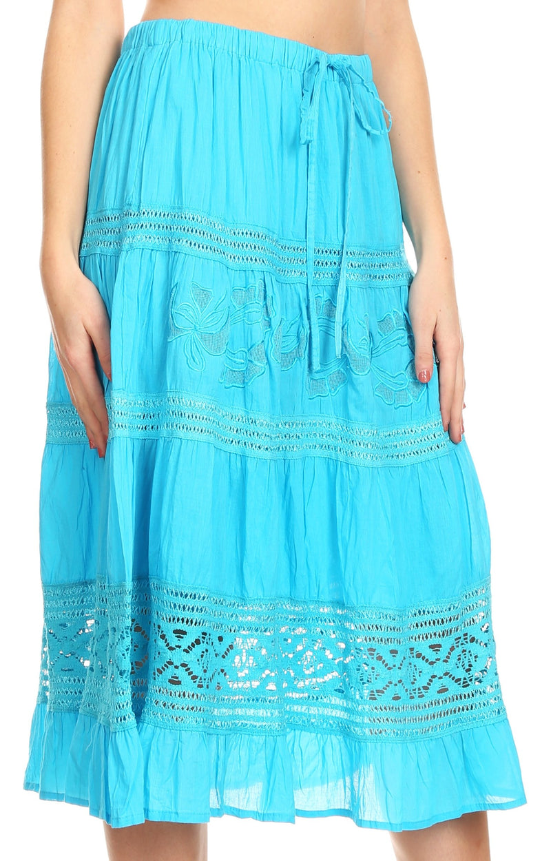 Sakkas Kezia Women's Bohemian Gypsy Casual Midi  Skirt A line Lace & Embroidery