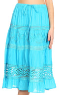 Sakkas Kezia Women's Bohemian Gypsy Casual Midi  Skirt A line Lace & Embroidery#color_Turquoise