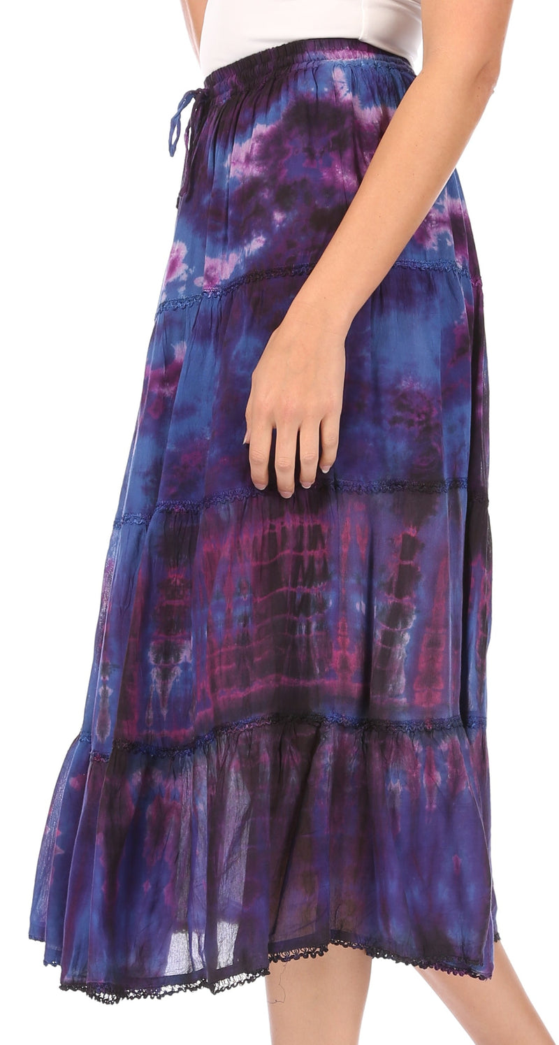 Sakkas Antonia Women's Skirt Tie Dye Boho Elastic Waist Adjustable Embroidery