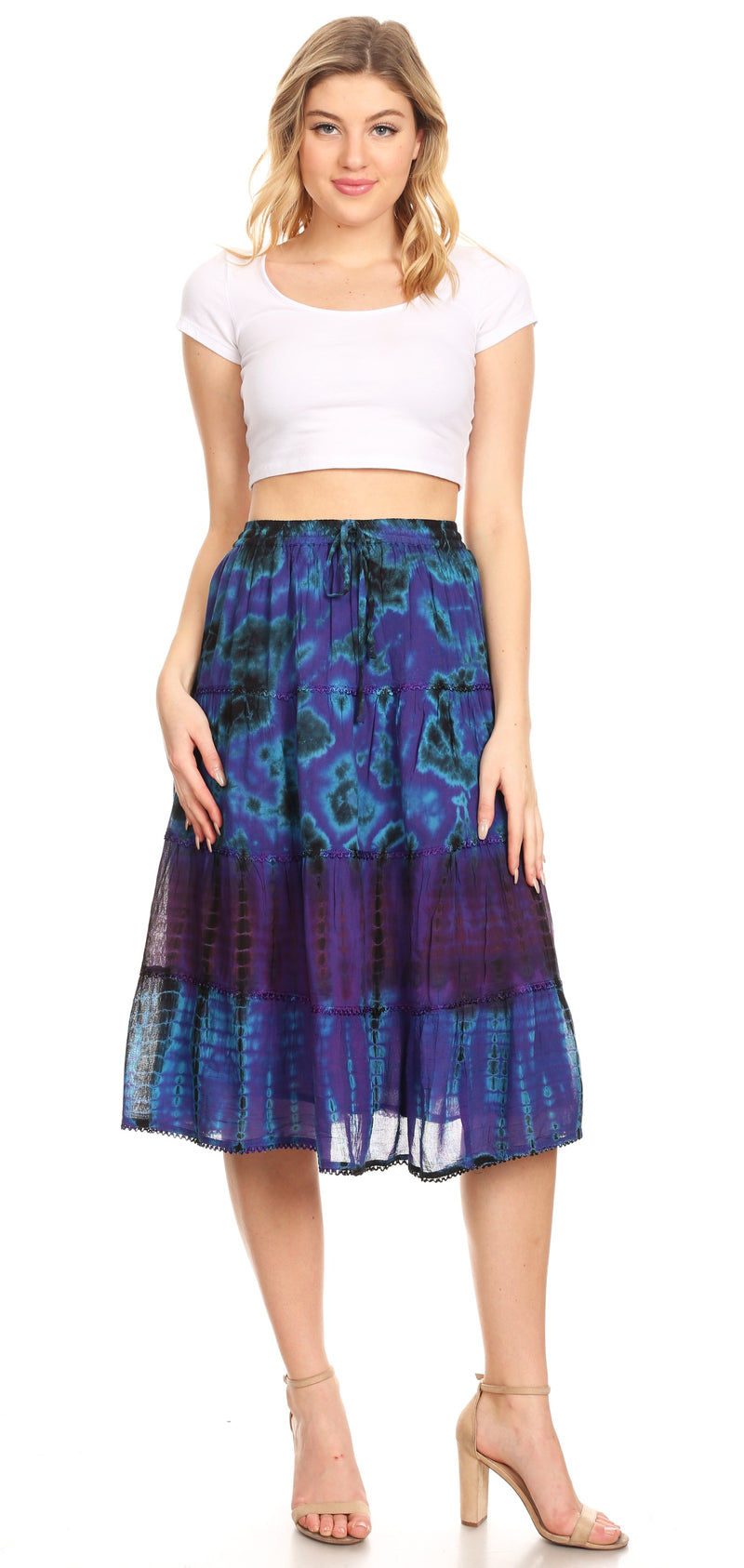 Sakkas Antonia Women's Skirt Tie Dye Boho Elastic Waist Adjustable Embroidery