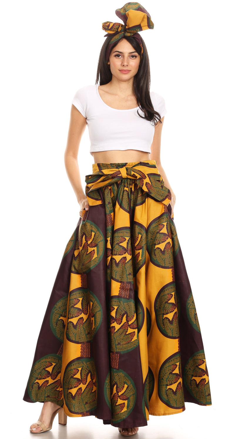 Sakkas Ami Women's Maxi Long African Ankara Print Skirt Pockets & Elastic Waist