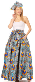 Sakkas Ami Women's Maxi Long African Ankara Print Skirt Pockets & Elastic Waist#color_133-GreyBlue