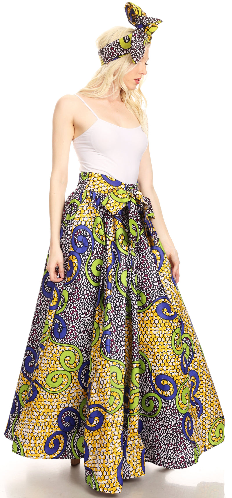 Sakkas Ami Women's Maxi Long African Ankara Print Skirt Pockets & Elastic Waist