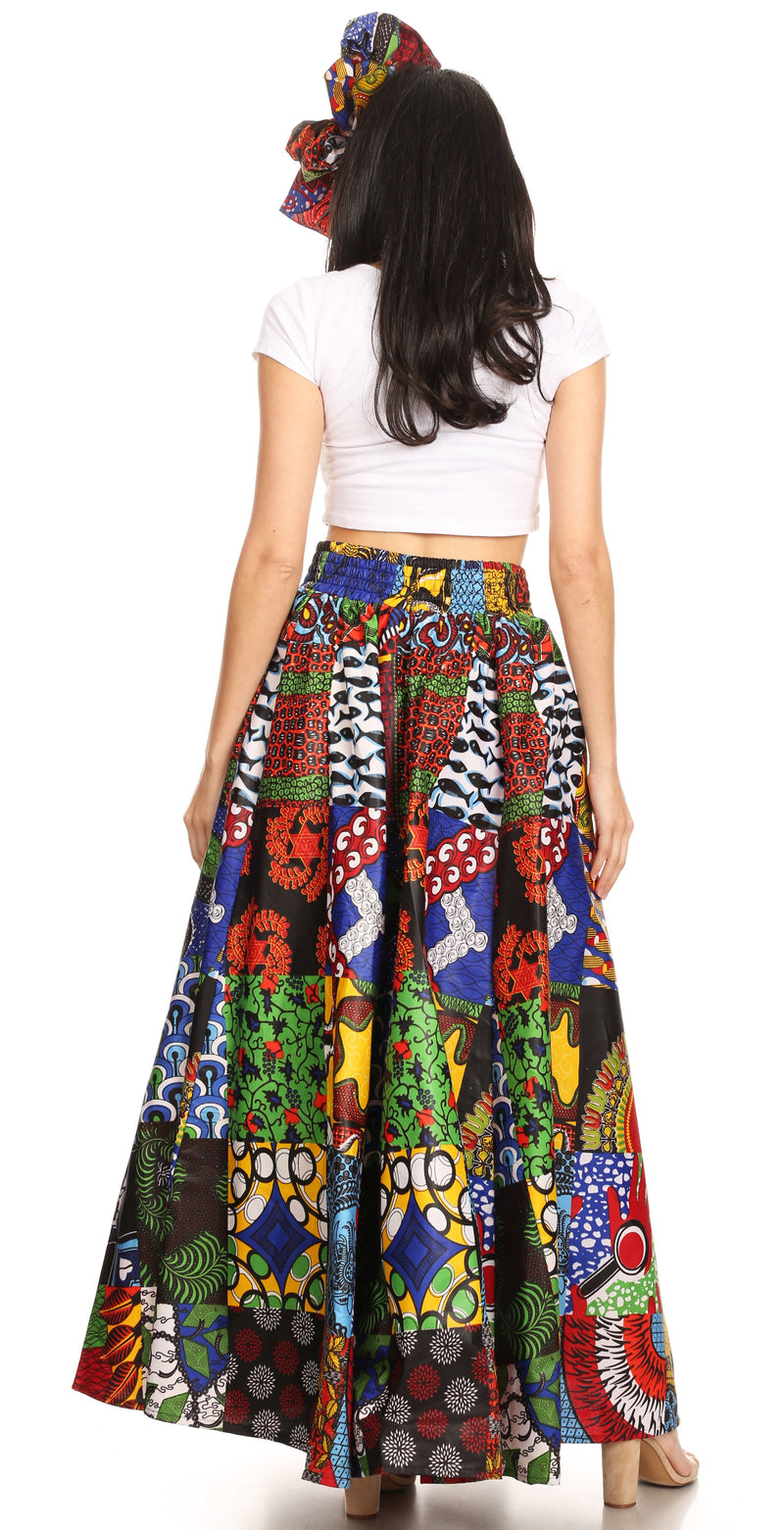 Sakkas Ami Women's Maxi Long African Ankara Print Skirt Pockets & Elastic Waist