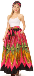 Sakkas Ami Women's Maxi Long African Ankara Print Skirt Pockets & Elastic Waist#color_148-PinkMulti