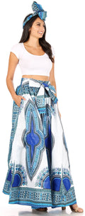 Sakkas Ami Women's Maxi Long African Ankara Print Skirt Pockets & Elastic Waist#color_16328-58-White