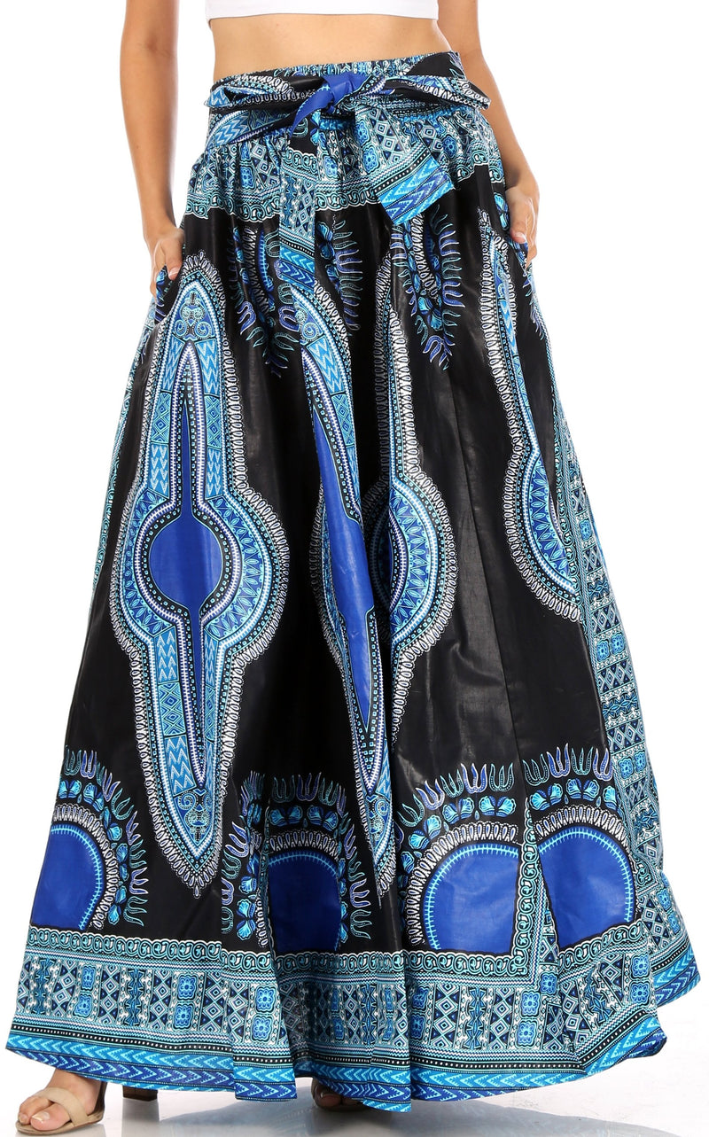 Sakkas Ami Women's Maxi Long African Ankara Print Skirt Pockets & Elastic Waist