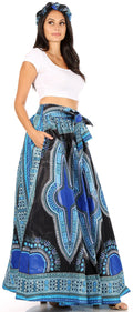 Sakkas Ami Women's Maxi Long African Ankara Print Skirt Pockets & Elastic Waist#color_16328-60-Black