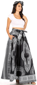 Sakkas Ami Women's Maxi Long African Ankara Print Skirt Pockets & Elastic Waist#color_16328-61-Black