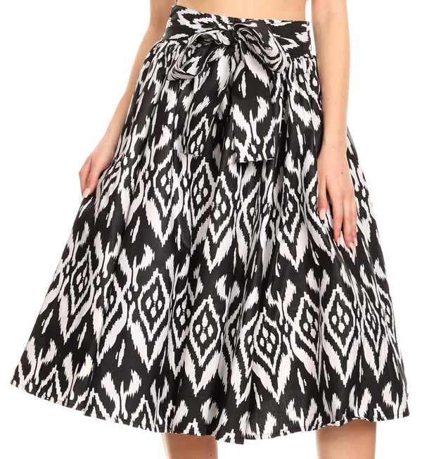 Sakkas Ama Women's Vintage Circle African Ankara Print Midi Skirt with Pockets#color_111-Black/White