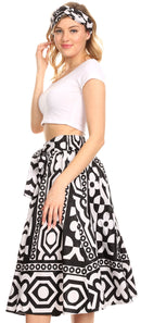 Sakkas Ama Women's Vintage Circle African Ankara Print Midi Skirt with Pockets