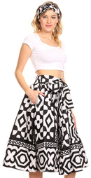 Sakkas Ama Women's Vintage Circle African Ankara Print Midi Skirt with Pockets