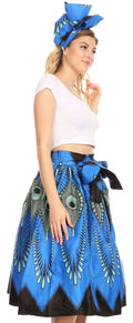 Sakkas Ama Women's Vintage Circle African Ankara Print Midi Skirt with Pockets#color_149-BlueTurquoise