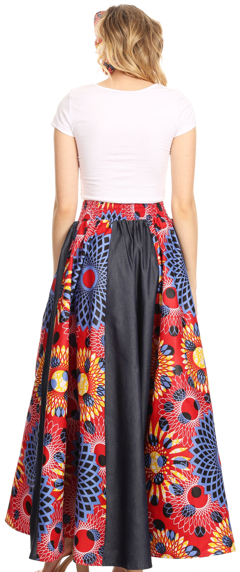 Sakkas Elif Women's Long Maxi African Ankara Print Skirt Elastic Waist & Pockets