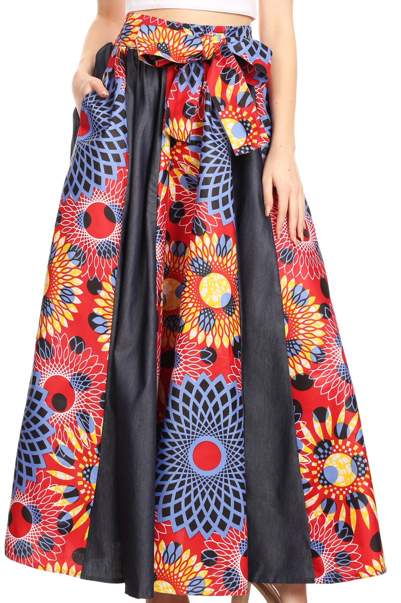 Sakkas Elif Women's Long Maxi African Ankara Print Skirt Elastic Waist & Pockets