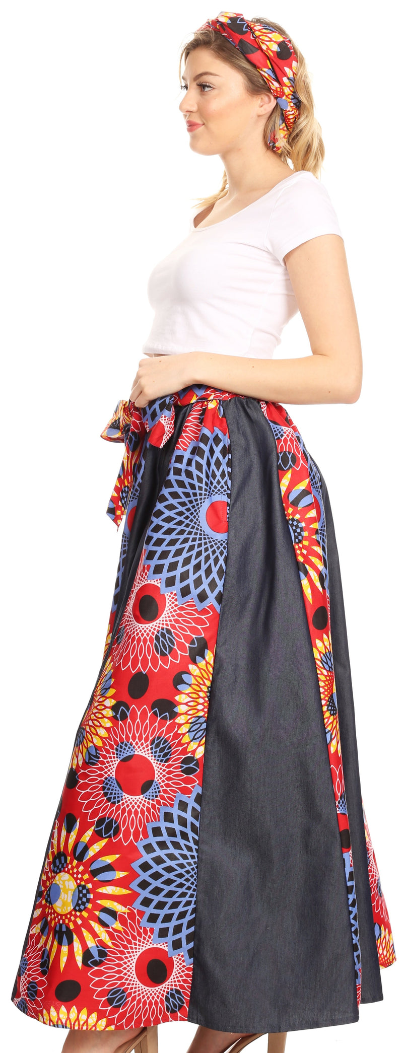 Sakkas Elif Women's Long Maxi African Ankara Print Skirt Elastic Waist & Pockets