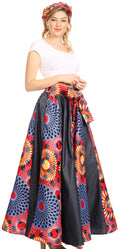 Sakkas Elif Women's Long Maxi African Ankara Print Skirt Elastic Waist & Pockets#color_131-Multi