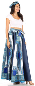 Sakkas Elif Women's Long Maxi African Ankara Print Skirt Elastic Waist & Pockets#color_19340-58-White