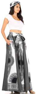 Sakkas Elif Women's Long Maxi African Ankara Print Skirt Elastic Waist & Pockets#color_19340-59-wht