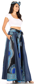 Sakkas Elif Women's Long Maxi African Ankara Print Skirt Elastic Waist & Pockets#color_19340-60-Black