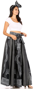 Sakkas Elif Women's Long Maxi African Ankara Print Skirt Elastic Waist & Pockets#color_19340-61-Black