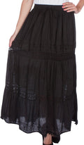 Sakkas Solid Embroidered Gypsy Bohemian Mid Length Cotton Skirt#color_Black