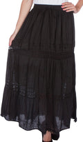 Sakkas Solid Embroidered Gypsy Bohemian Mid Length Cotton Skirt#color_Black 