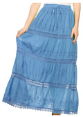 Sakkas Solid Embroidered Gypsy Bohemian Mid Length Cotton Skirt#color_Blue 