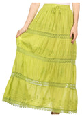 Sakkas Solid Embroidered Gypsy Bohemian Mid Length Cotton Skirt#color_Lime 